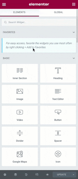 Elementor widgets toevoegen aan favorieten